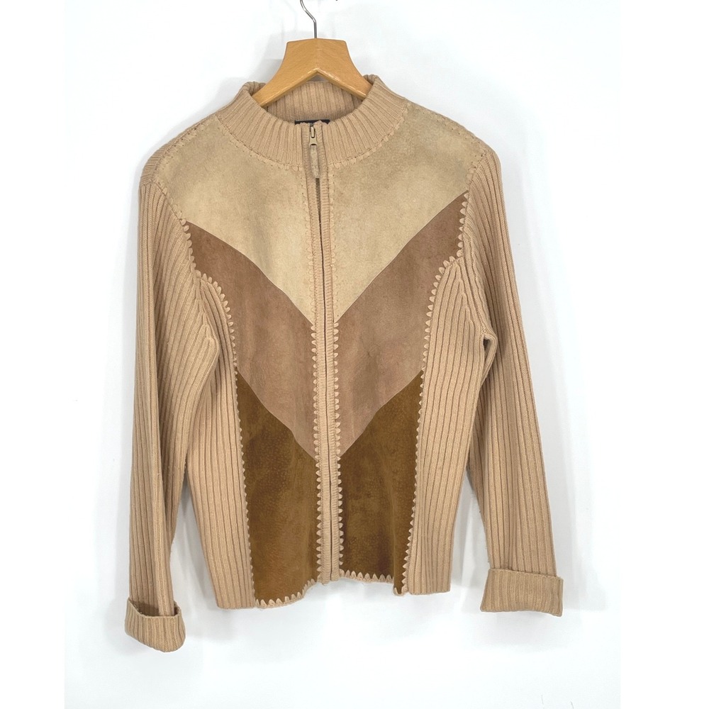 Designers Studio Originals Womens Sweater M Zip Front Tan Suede Leather Western